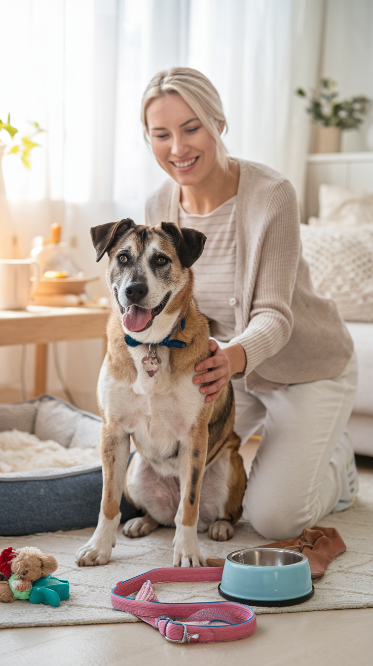 A smiling woman kneels beside her happy rescue dog in a cozy, sunlit room. The dog sits near a bed, toys, a leash, and a food bowl, creating a warm and welcoming home environment.