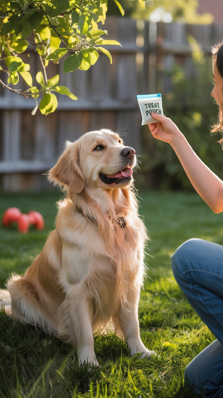 Golden Retriever sitting in the yard during training session while owner holds a treat pouch as positive reinforcement.