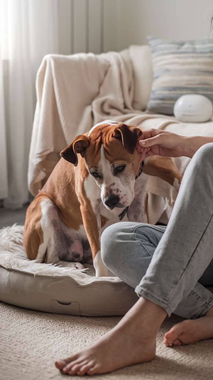 Rescue dog sitting on a cozy dog bed with a person gently comforting and petting its ear, creating a calm and safe moment.