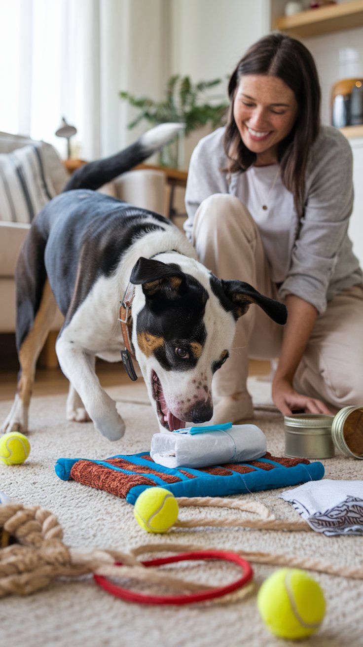 Rescue dog playing with a homemade enrichment toy on the floor while owner smiles nearby.