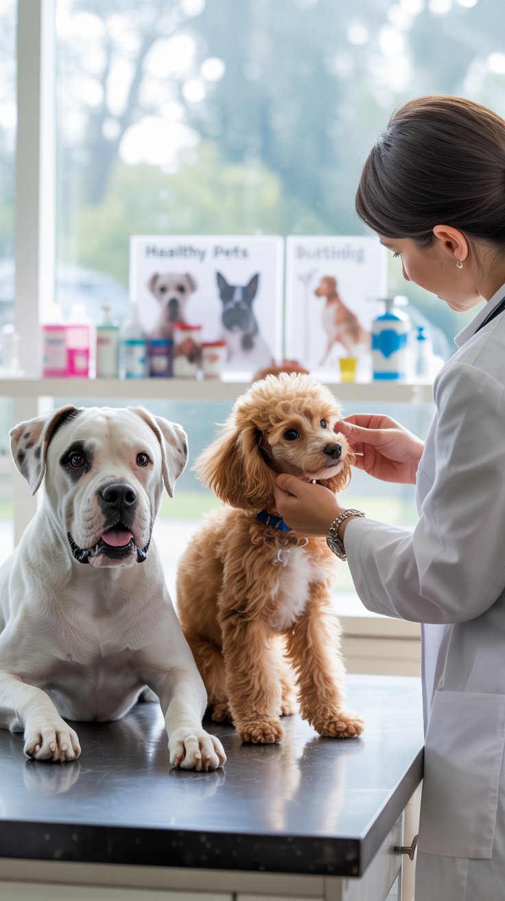 White Boxer and small Poodle at the veterinarian’s office being examined for routine health and wellness care.
