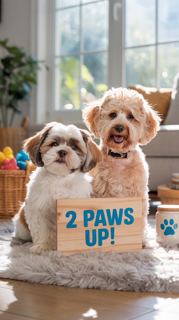 Two happy small dogs sitting on a rug with a wooden sign that reads '2 Paws Up!' A playful rating for a pet product review.