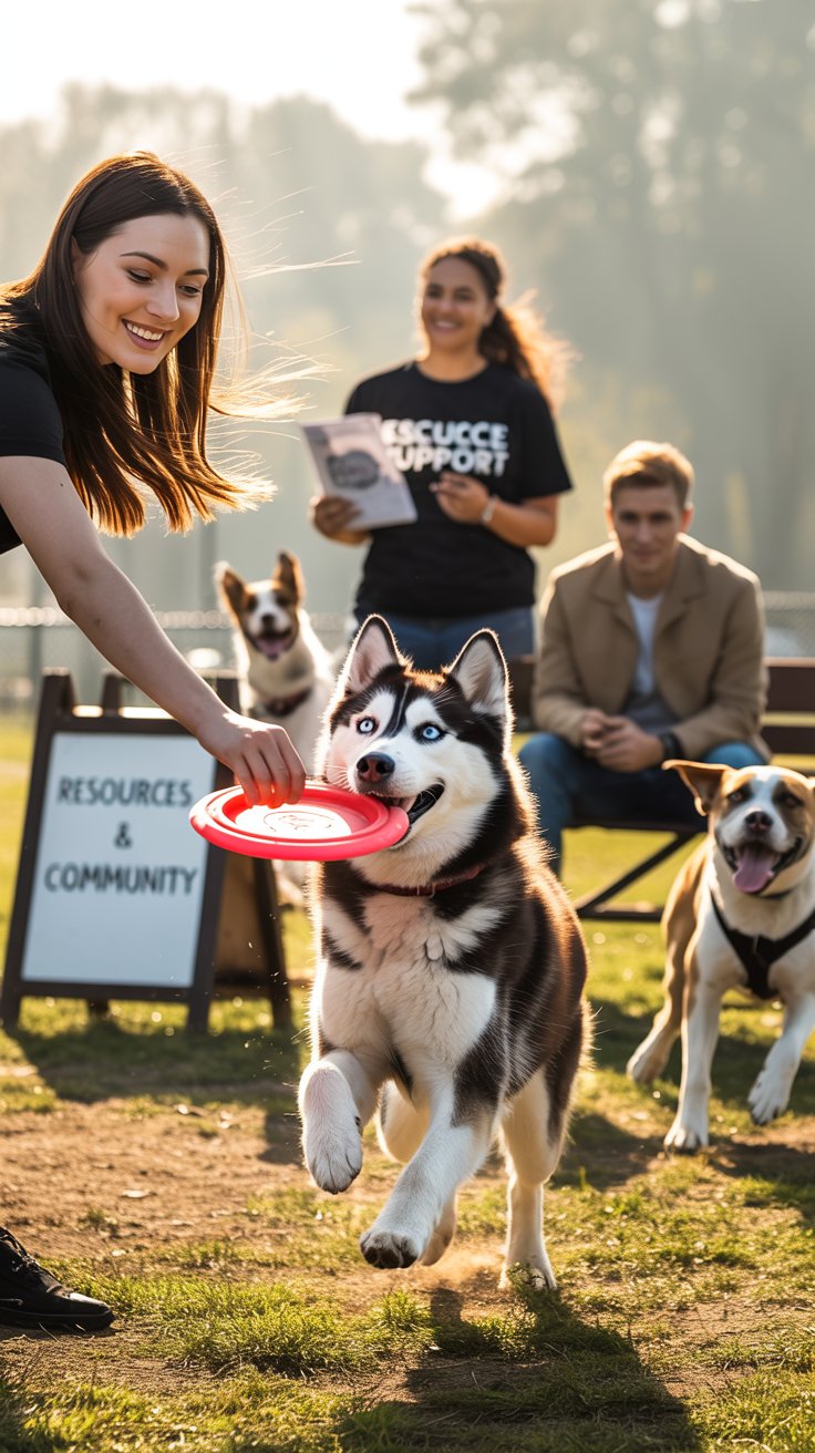 Husky playing with a frisbee at a rescue dog community event with volunteers and other dogs in the background.