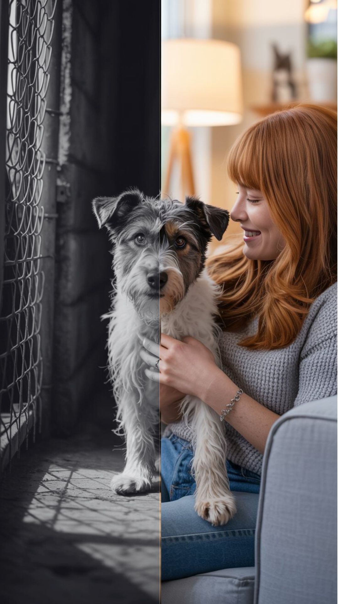 Rescue dog transformation shown in split image, from a shelter kennel on one side to a happy home with a loving owner on the other.