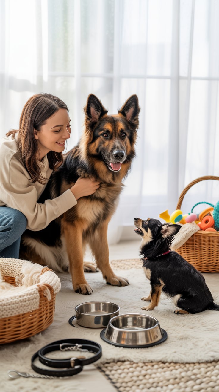 Owner welcoming two rescue dogs, a German Shepherd and a small Chihuahua mix, at home with food bowls, leashes, and toys ready.